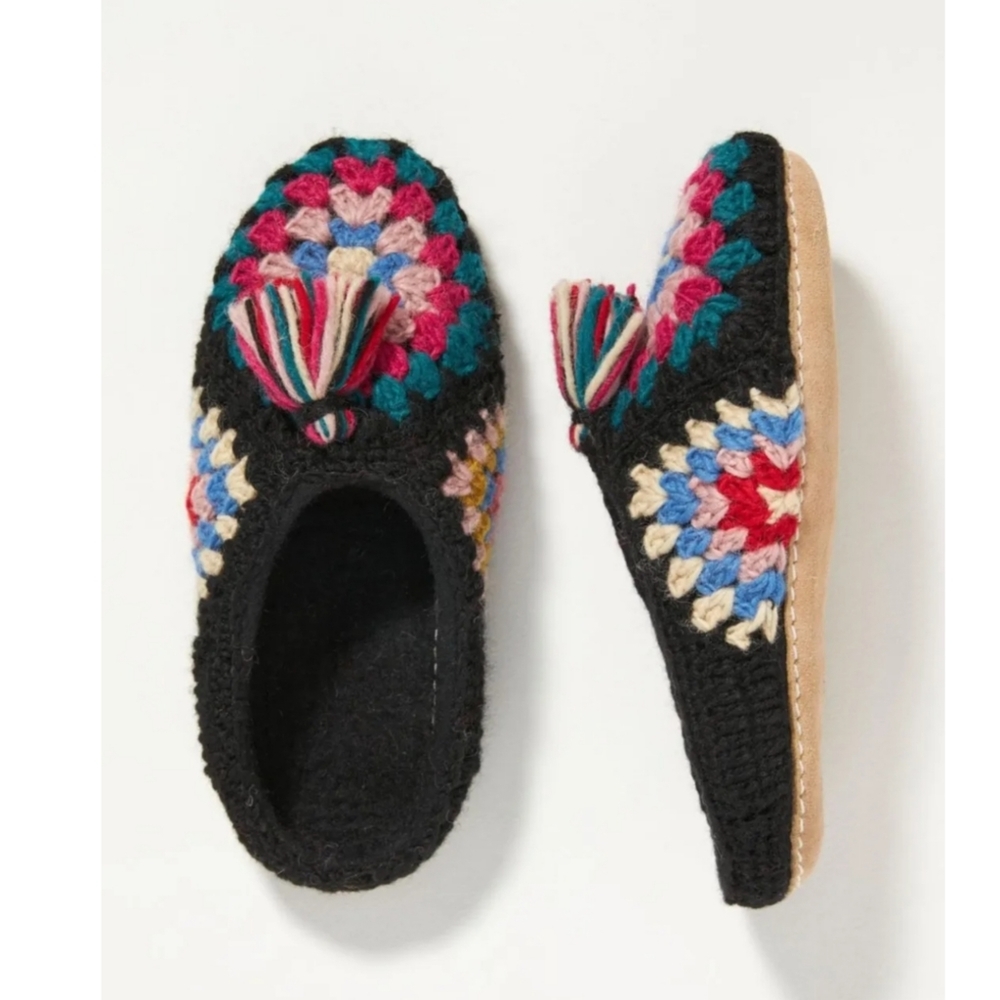 Anthropologie Granny Square Crochet Slippers French Knot